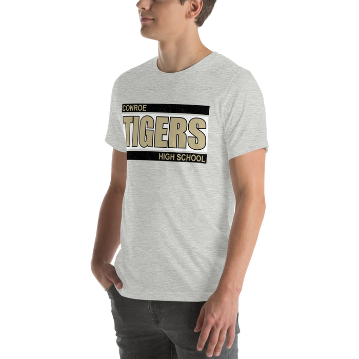Man wearing Conroe High School Tigers Athletic Heather Premium Unisex T-shirt 098