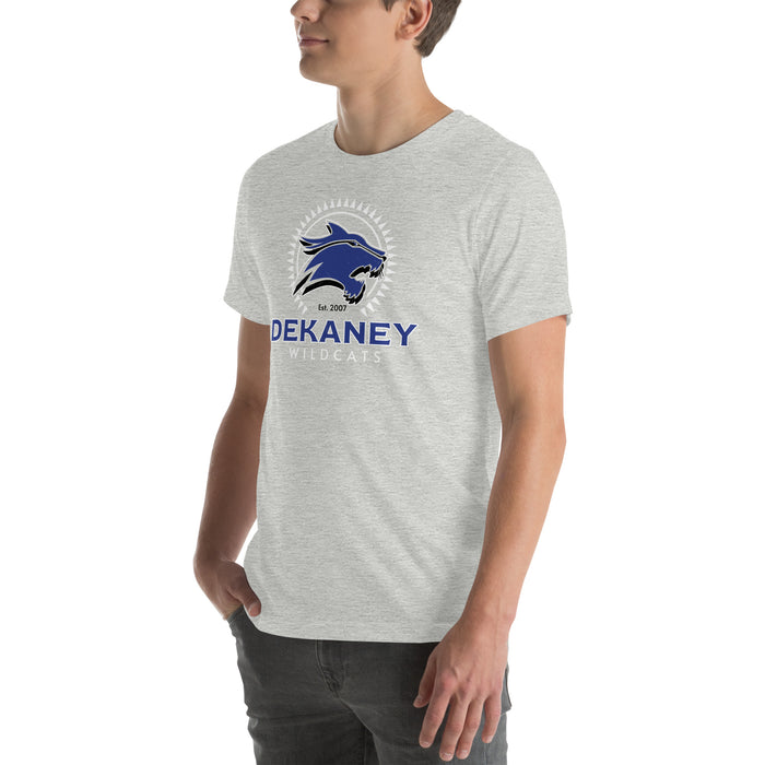 Man wearing Dekaney High School Wildcats Heather Grey Premium Unisex T-shirt 226