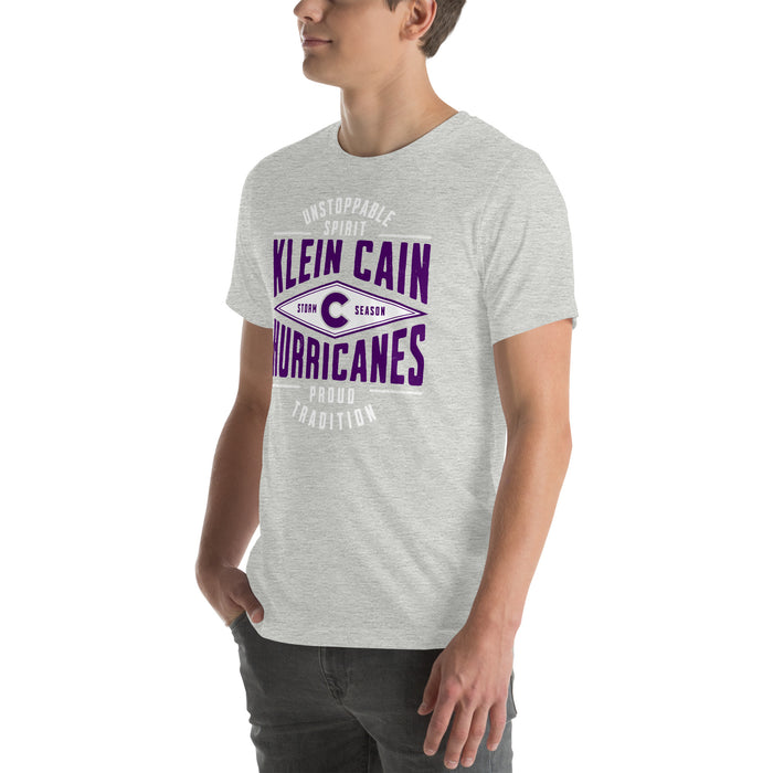 Man wearing Klein Cain High School Hurricanes Heather Grey Premium Unisex T-shirt 210