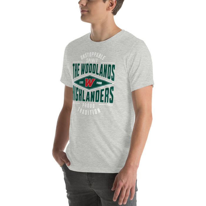 Man wearing The Woodlands High School Highlanders Athletic Heather Premium Unisex T-shirt 210