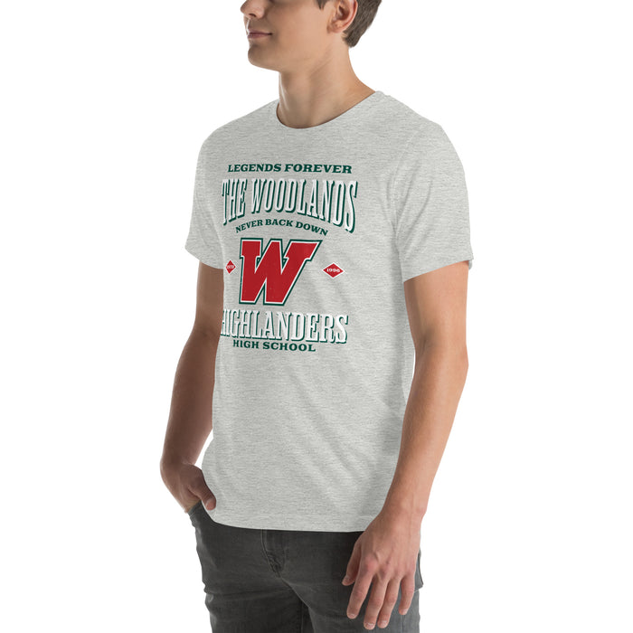 Man wearing The Woodlands High School Highlanders Athletic Heather Premium Unisex T-shirt 230