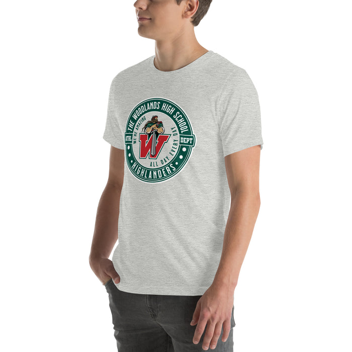 Man wearing The Woodlands High School Highlanders Athletic Heather Premium Unisex T-shirt 224