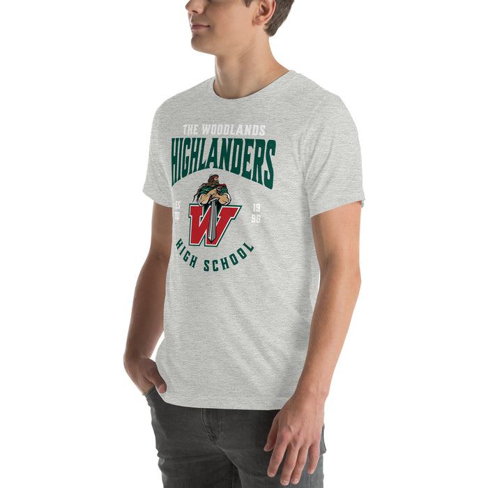 Man wearing The Woodlands High School Highlanders Athletic Heather Premium Unisex T-shirt 213