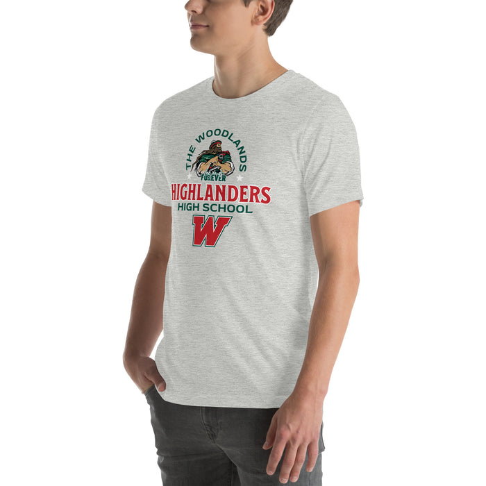 Man wearing The Woodlands High School Highlanders Athletic Heather Premium Unisex T-shirt 222