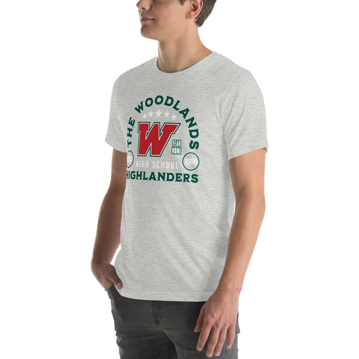 Man wearing The Woodlands High School Highlanders Athletic Heather Premium Unisex T-shirt 208