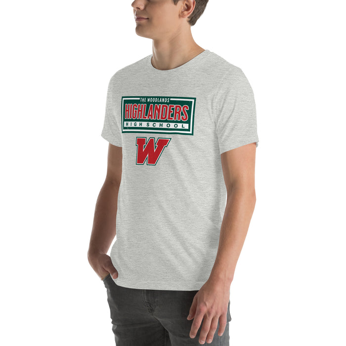 Man wearing The Woodlands High School Highlanders Athletic Heather Premium Unisex T-shirt 049
