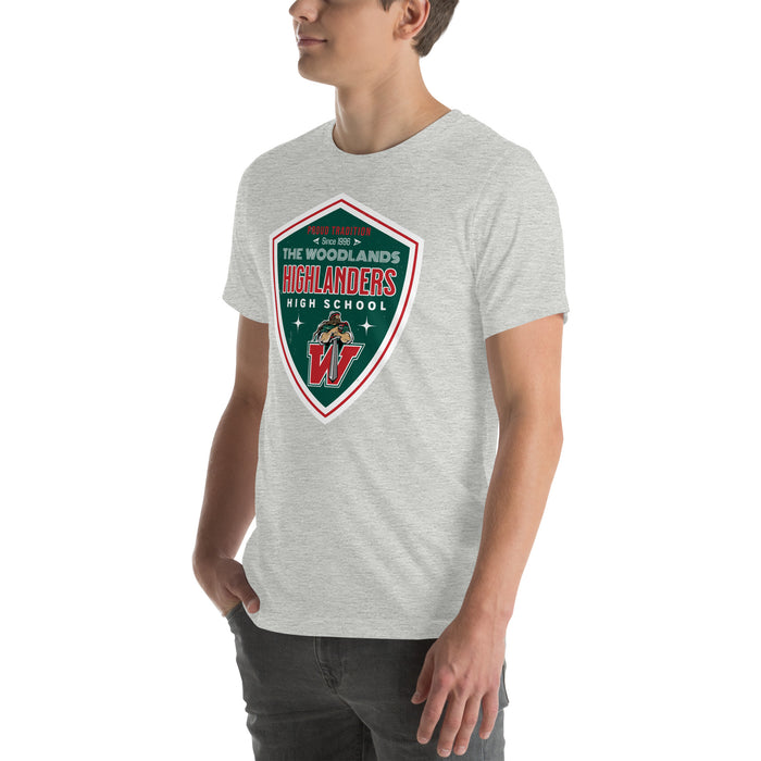 Man wearing The Woodlands High School Highlanders Athletic Heather Premium Unisex T-shirt 225