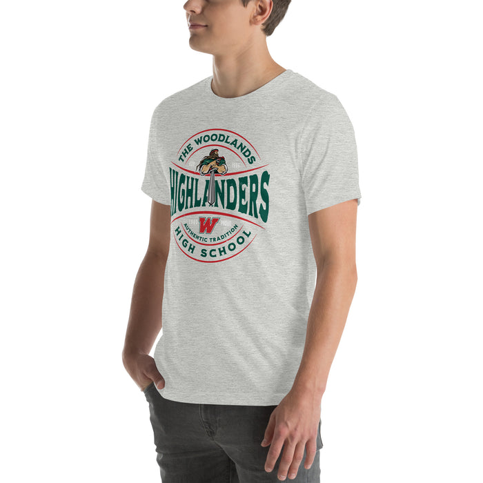 Man wearing The Woodlands High School Highlanders Athletic Heather Premium Unisex T-shirt 218