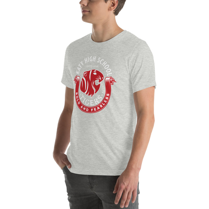 Man wearing Katy High School Tigers Athletic Heather Grey Premium Unisex T-shirt 229