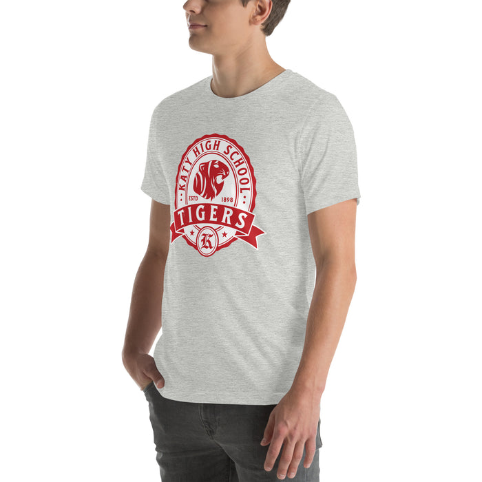Man wearing Katy High School Tigers Athletic Heather Grey Premium Unisex T-shirt 212