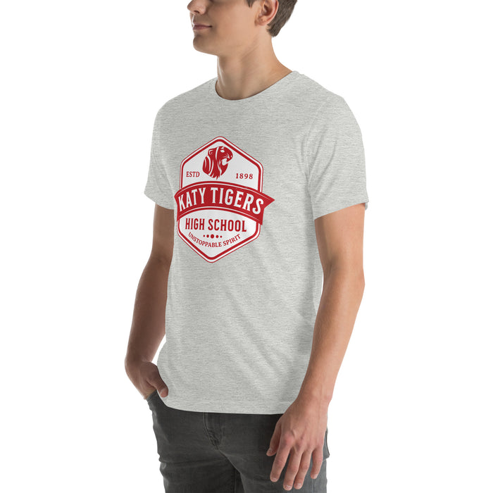Man wearing Katy High School Tigers Athletic Heather Grey Premium Unisex T-shirt 209