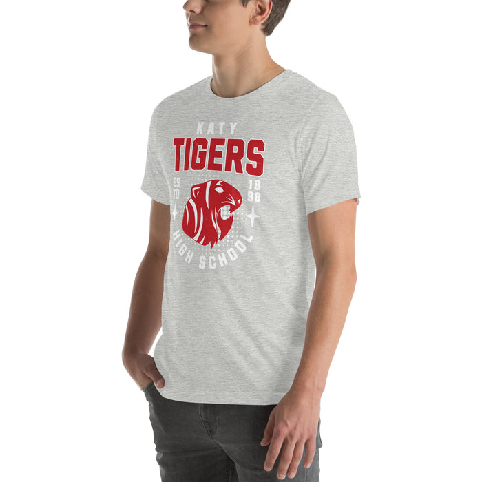 Man wearing Katy High School Tigers Athletic Heather Grey Premium Unisex T-shirt 204