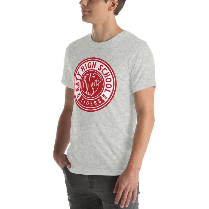 Man wearing Katy High School Tigers Athletic Heather Grey Premium Unisex T-shirt 220