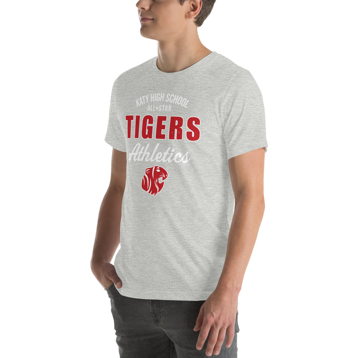 Man wearing Katy High School Tigers Athletic Heather Grey Premium Unisex T-shirt 034