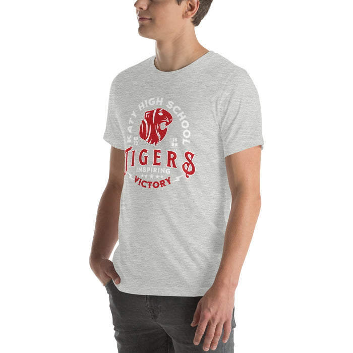 Man wearing Katy High School Tigers Athletic Heather Grey Premium Unisex T-shirt 206