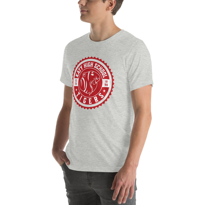 Man wearing Katy High School Tigers Athletic Heather Grey Premium Unisex T-shirt 203