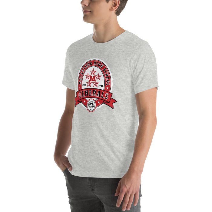 Man wearing MacArthur High School Generals Grey Premium Unisex T-shirt 212