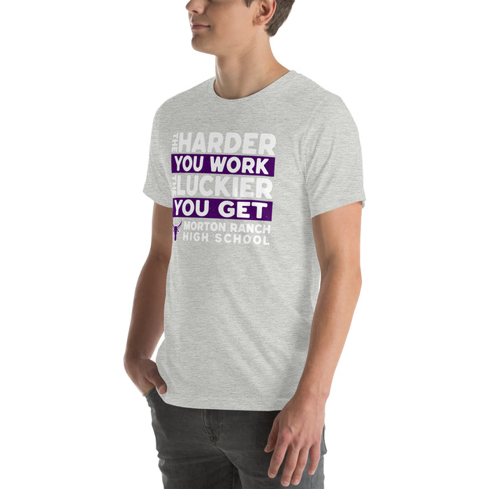Man wearing Morton Ranch High School Mavericks Premium Grey Unisex T-shirt 238