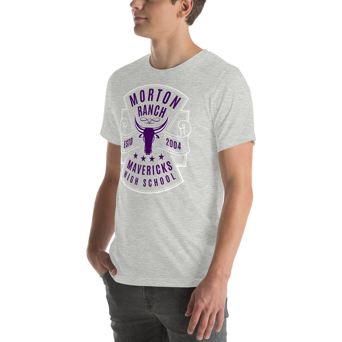 Man wearing Morton Ranch High School Mavericks Premium Grey Unisex T-shirt 207