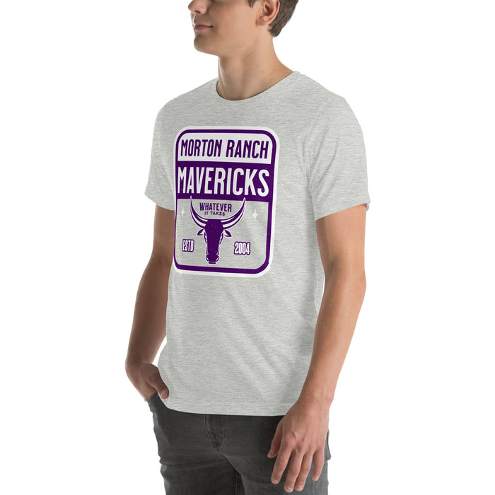 Man wearing Morton Ranch High School Mavericks Premium Grey Unisex T-shirt 001