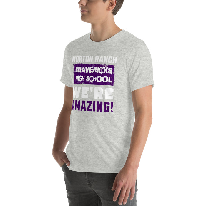 Man wearing Morton Ranch High School Mavericks Premium Grey Unisex T-shirt 231