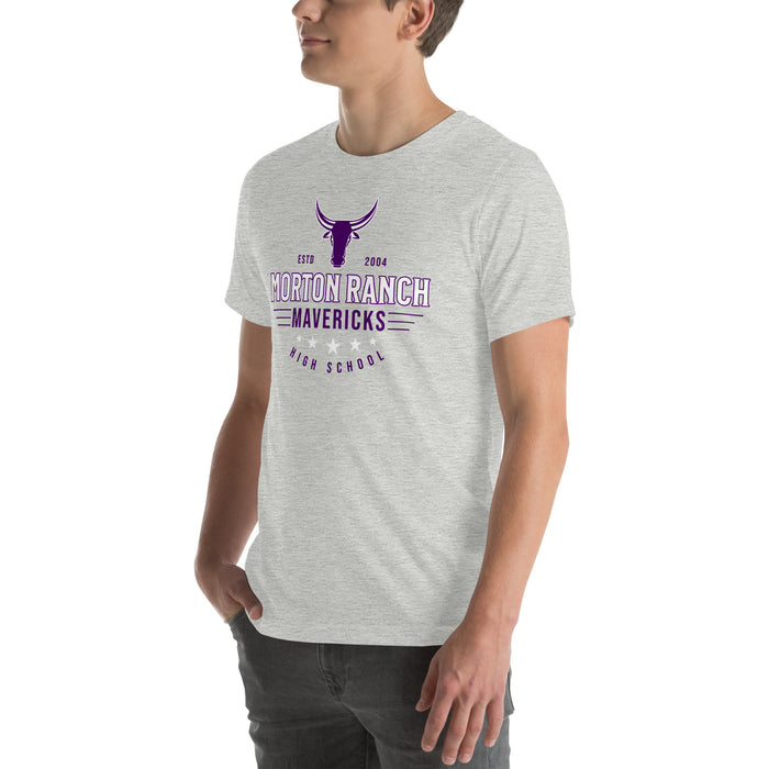 Man wearing Morton Ranch High School Mavericks Premium Grey Unisex T-shirt 217