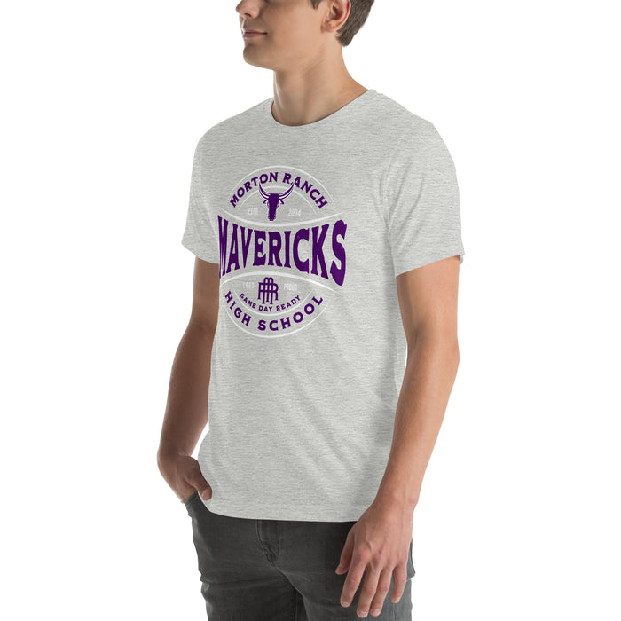 Man wearing Morton Ranch High School Mavericks Premium Grey Unisex T-shirt 218