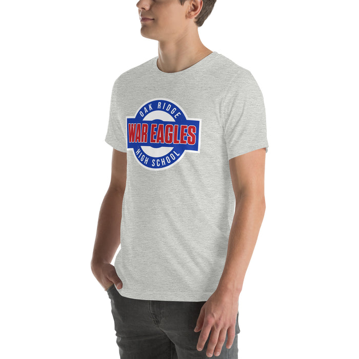 Man wearing Oak Ridge High School War Eagles Grey Premium Unisex T-shirt 011