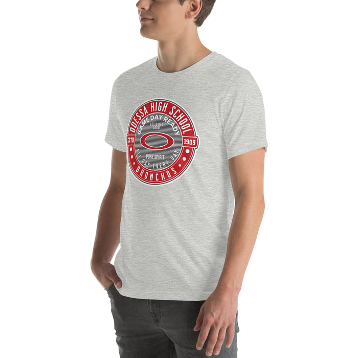 Man wearing Odessa High School Bronchos Grey Premium Unisex T-shirt 224