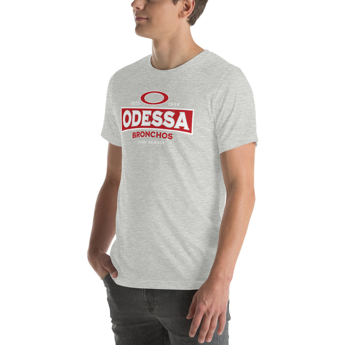 Man wearing Odessa High School Bronchos Grey Premium Unisex T-shirt 202