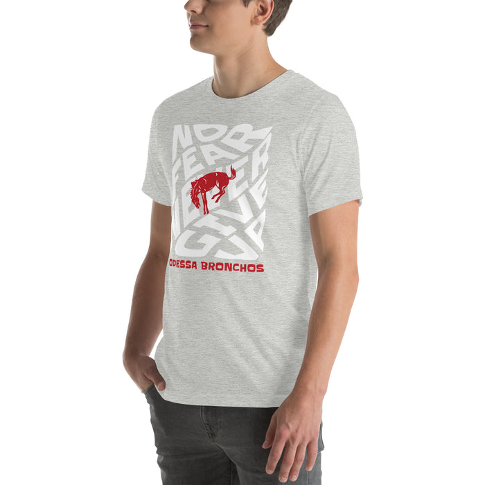 Man wearing Odessa High School Bronchos Grey Premium Unisex T-shirt 236