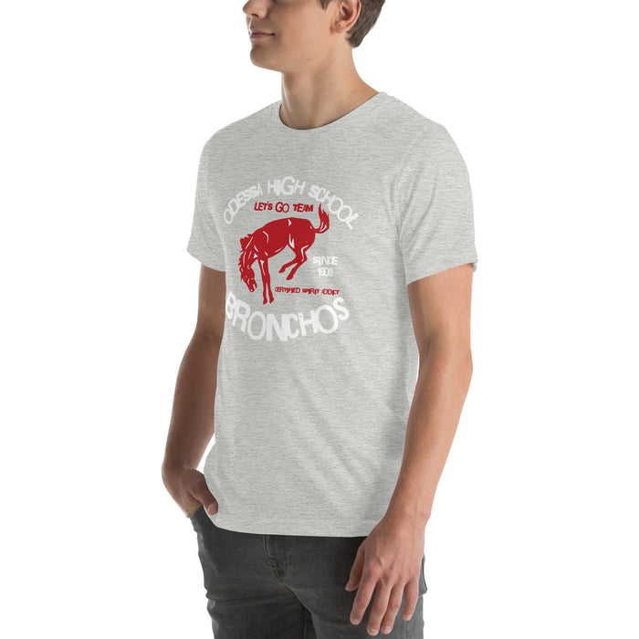 Man wearing Odessa High School Bronchos Grey Premium Unisex T-shirt 228