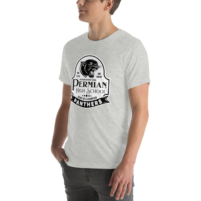 Man wearing Permian High School Panthers Grey Premium Unisex T-shirt 219
