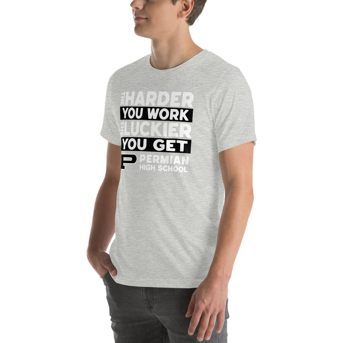 Man wearing Permian High School Panthers Grey Premium Unisex T-shirt 238