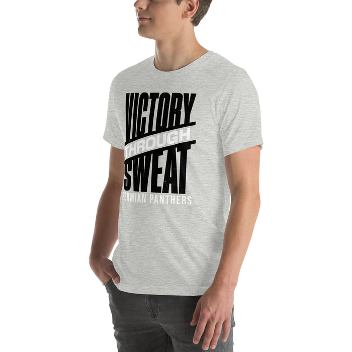 Man wearing Permian High School Panthers Grey Premium Unisex T-shirt 241
