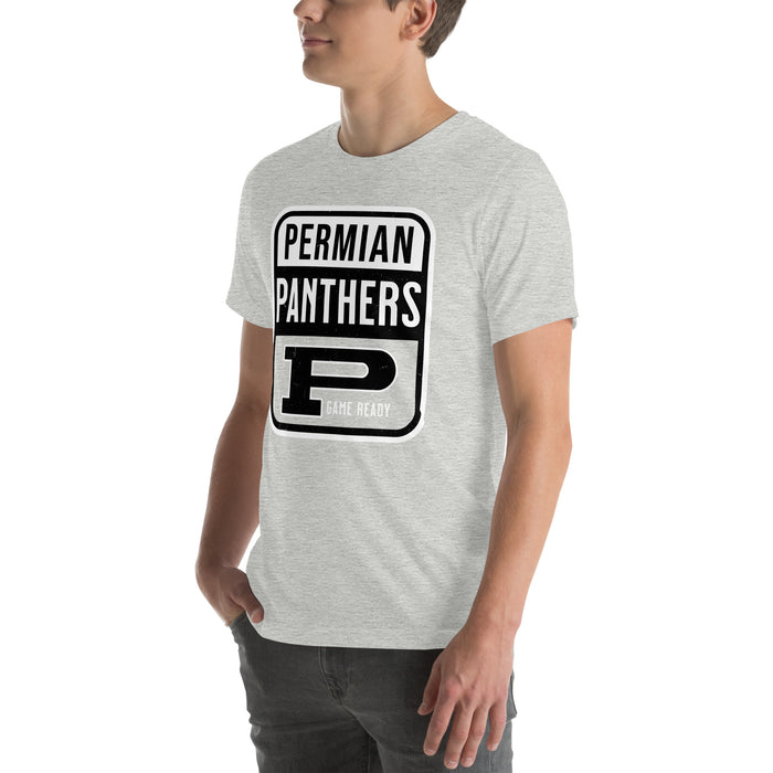 Man wearing Permian High School Panthers Grey Premium Unisex T-shirt 001