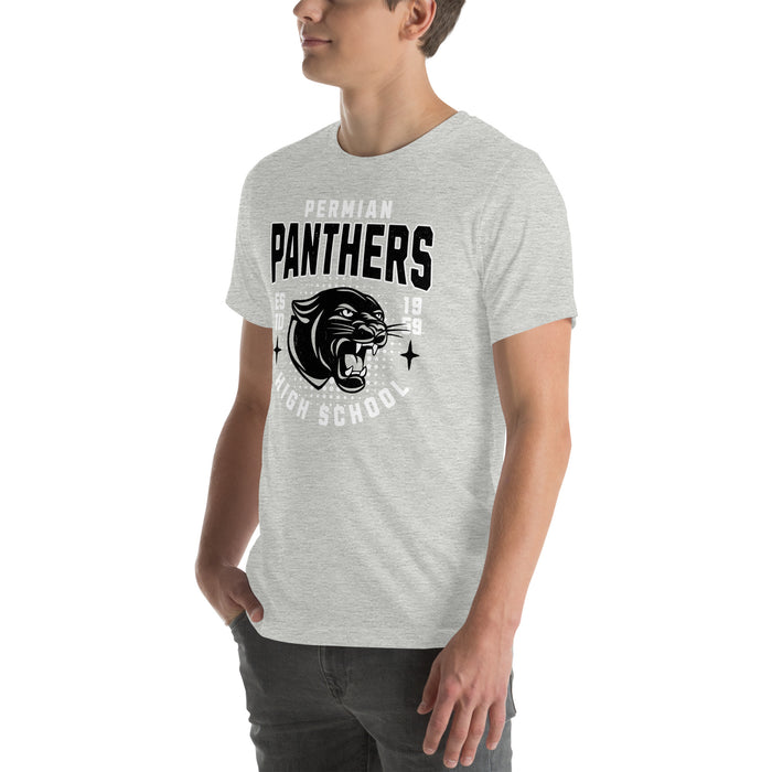 Man wearing Permian High School Panthers Grey Premium Unisex T-shirt 204