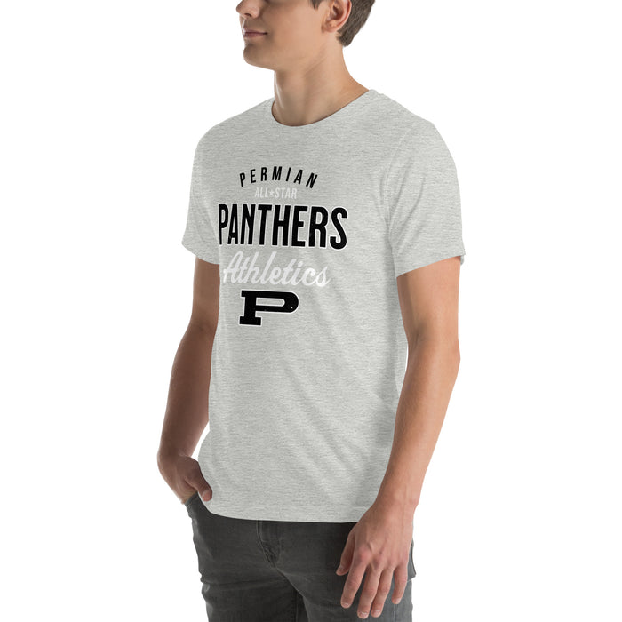 Man wearing Permian High School Panthers Grey Premium Unisex T-shirt 034