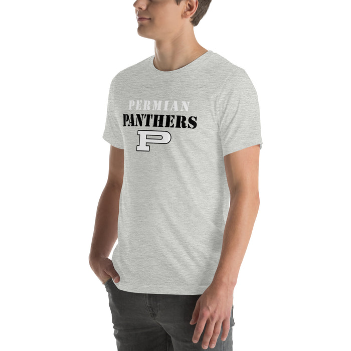 Man wearing Permian High School Panthers Grey Premium Unisex T-shirt 017