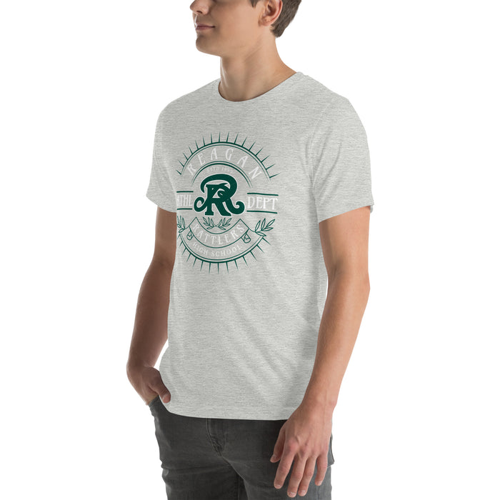 Man wearing Reagan High School Rattlers Grey Premium Unisex T-shirt 201