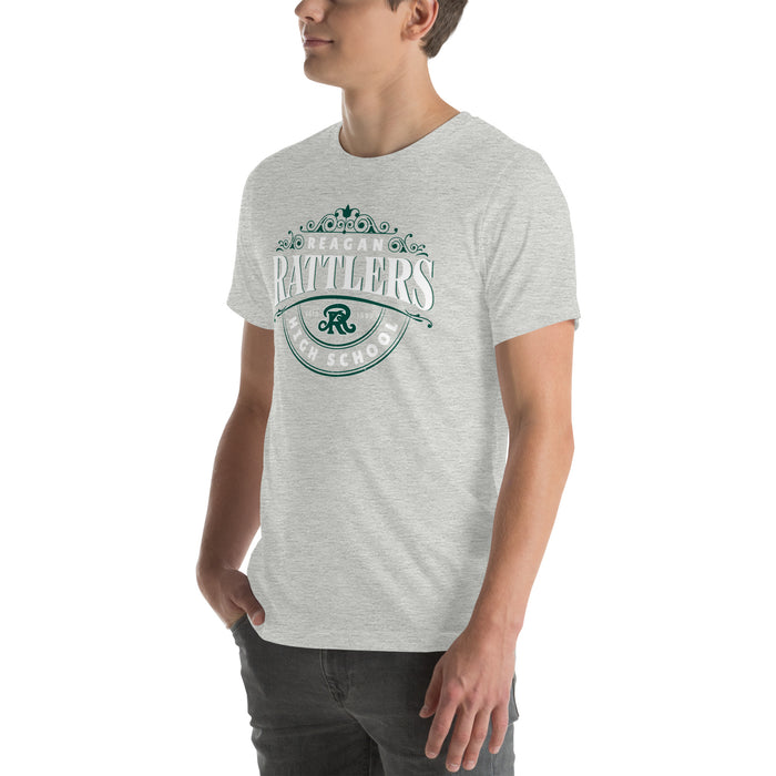 Man wearing Reagan High School Rattlers Grey Premium Unisex T-shirt 211