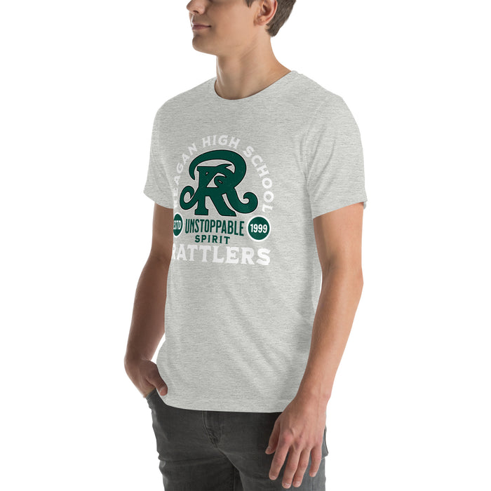 Man wearing Reagan High School Rattlers Grey Premium Unisex T-shirt 208