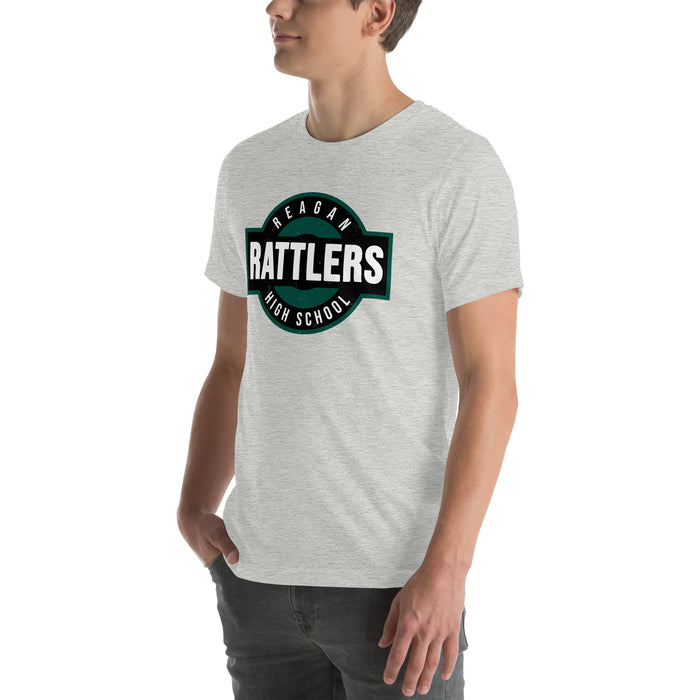 Man wearing Reagan High School Rattlers Grey Premium Unisex T-shirt 011