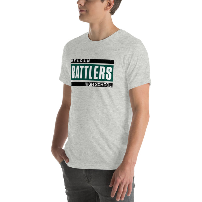 Man wearing Reagan High School Rattlers Grey Premium Unisex T-shirt 098