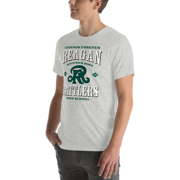 Man wearing Reagan High School Rattlers Grey Premium Unisex T-shirt 230