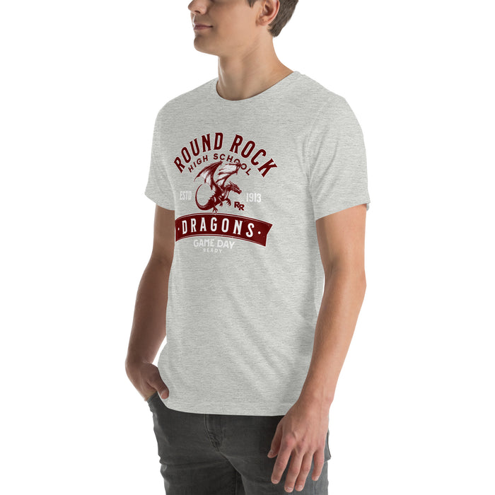 Man wearing Round Rock High School Dragons Grey Premium Unisex T-shirt 221