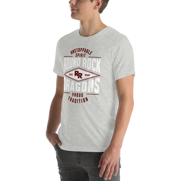 Man wearing Round Rock High School Dragons Grey Premium Unisex T-shirt 210