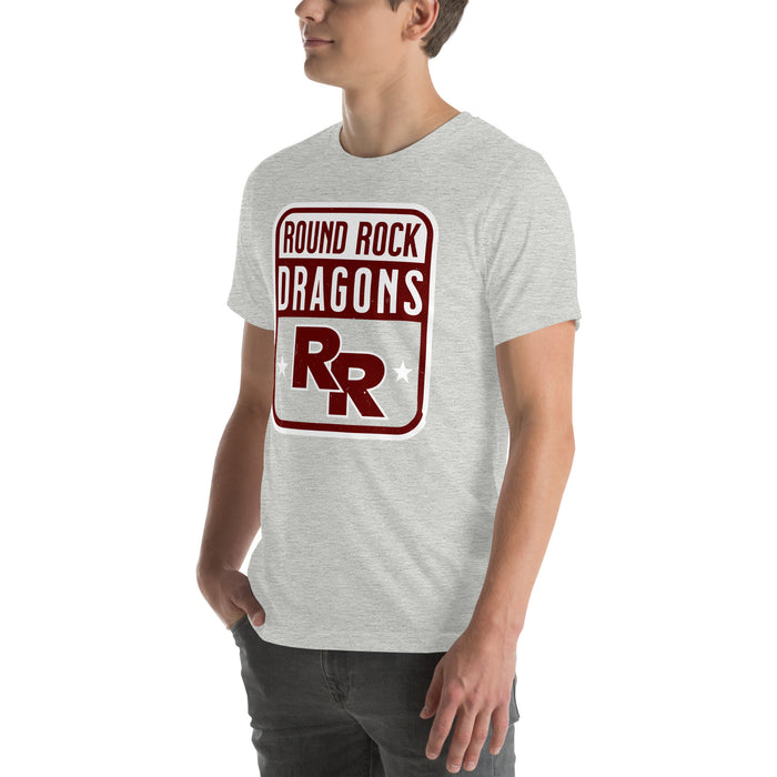 Man wearing Round Rock High School Dragons Grey Premium Unisex T-shirt 001