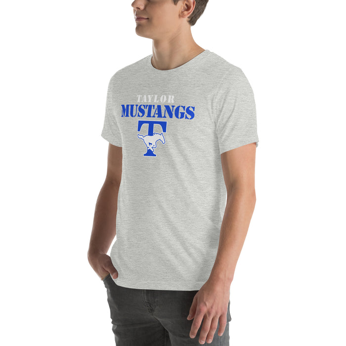 Man wearing Taylor High School Mustangs Grey Premium Unisex T-shirt 017