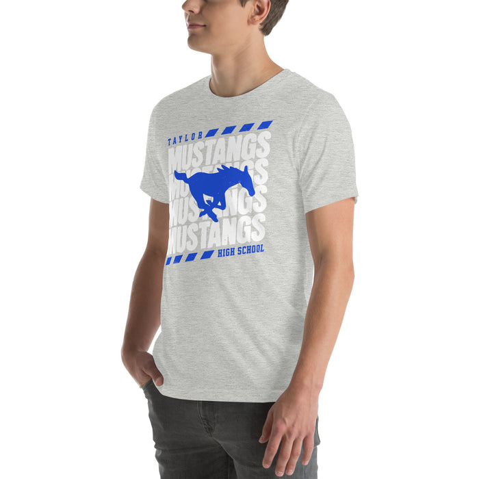 Man wearing Taylor High School Mustangs Grey Premium Unisex T-shirt 223